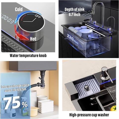 Modern Waterfall Kitchen Sink - Smart Digital Display aur Piano Button Control ke sath - Stainless Steel Honeycomb Design