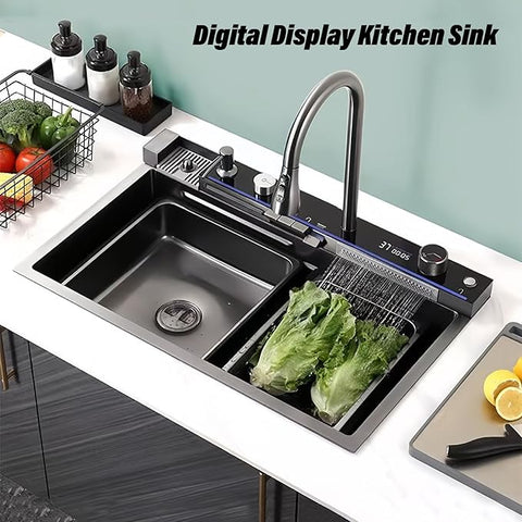 Modern Waterfall Kitchen Sink - Smart Digital Display aur Piano Button Control ke sath - Stainless Steel Honeycomb Design