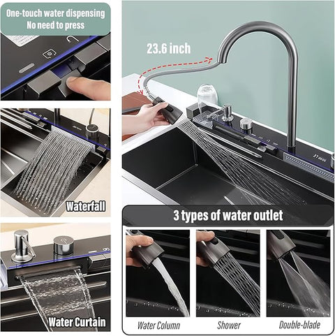Modern Waterfall Kitchen Sink - Smart Digital Display aur Piano Button Control ke sath - Stainless Steel Honeycomb Design