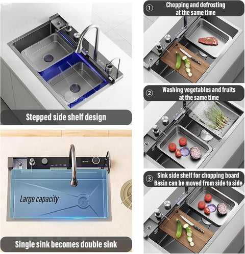 Modern Waterfall Kitchen Sink - Smart Digital Display aur Piano Button Control ke sath - Stainless Steel Honeycomb Design