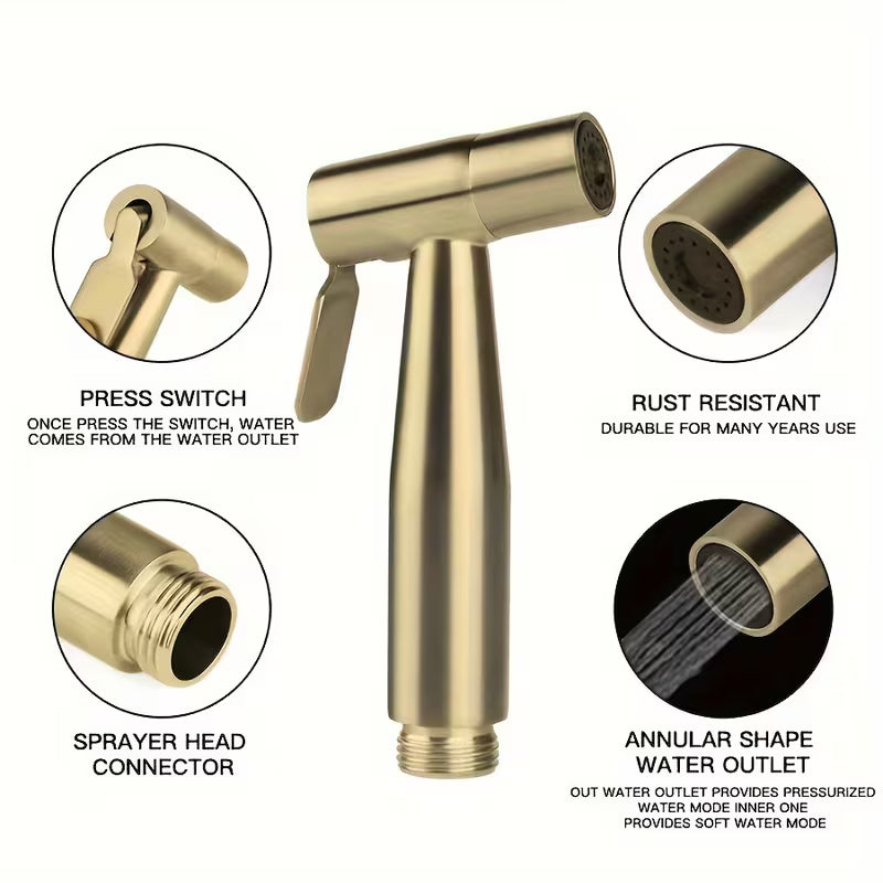 Golden High-Pressure Muslim Shower Set – 304 Stainless Steel (3-Piece Kit)